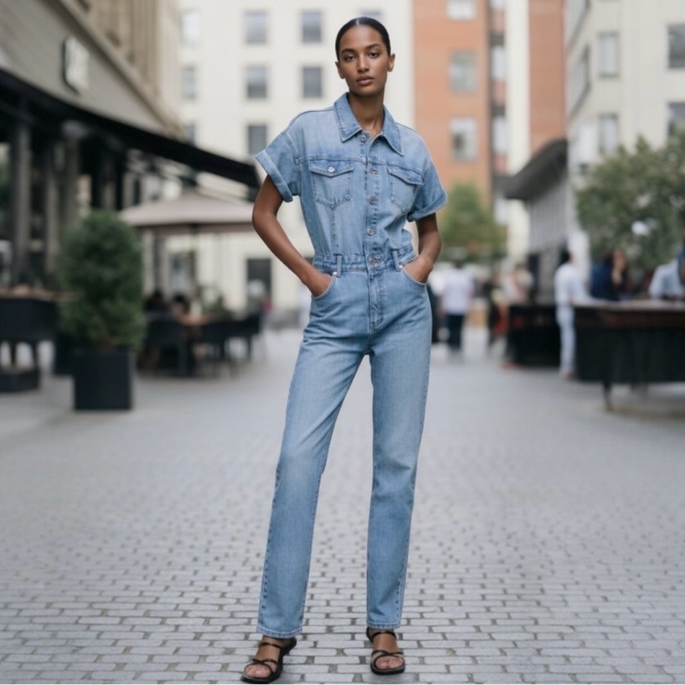 Zara Light Blue Denim Short-Sleeve Jumpsuit
